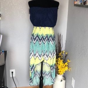 Lime green/blue strapless summer dress